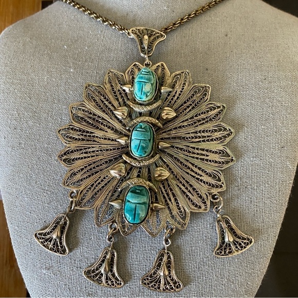 Egyptian Revival Necklace Pendant Silver Scarabs - Picture 1 of 6